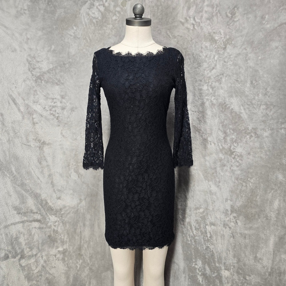 Diane von Furstenberg Zarita Dress Womens 2 Black Lace Exposed Zipper Sheath LBD